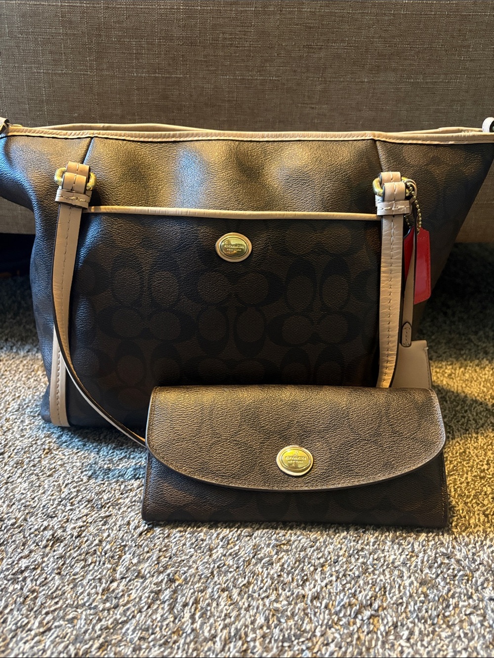Coach Brown Signature Shoulder Bag with Light Cream Trim and Gold Hardware